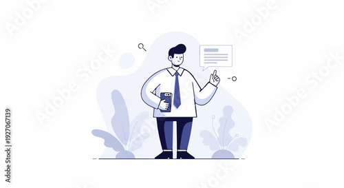 Stylized man in business attire holds phone, points up, with speech bubble