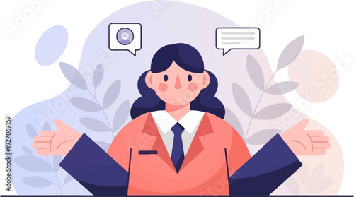 Businesswoman with open arms and speech bubbles, conveying communication