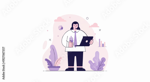 Stylized person in white shirt and purple tie holds plant and laptop amidst abstract shapes and charts