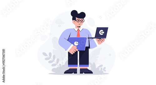 A man in a suit and tie holds two open laptops, one with a pie chart, against a minimalist background with abstract shapes and leaves