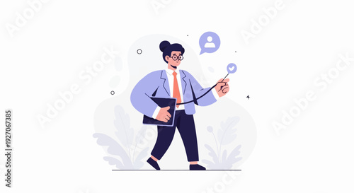 Stylized figure in a suit holding a tablet, gesturing with a pointer