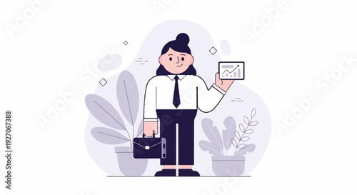Stylized figure in professional attire holding a tablet with a graph, with plants in pots