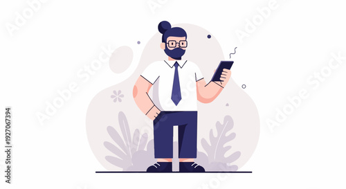 A cartoon man with glasses, beard, and a bun hairstyle holds a tablet