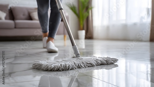 Close-up of a woman's legs and a mop cleaning a highly polished white tile floor in a modern, bright living room. Represents home hygiene.