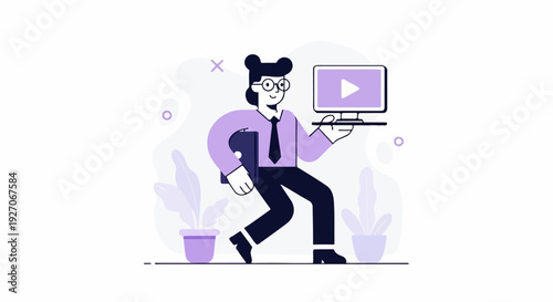 Character with laptop and screen on tray, plants and abstract shapes