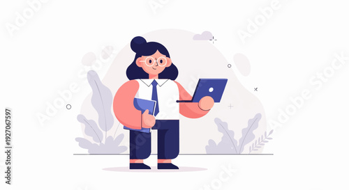 Cheerful cartoon woman in office attire with laptop and book, stylish