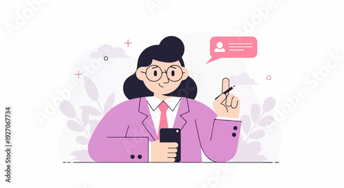 A woman in a pink suit holds a phone and pen, contemplating a message