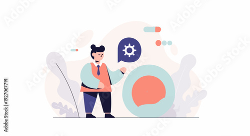 Person points to a cogwheel symbol in a speech bubble, representing a concept