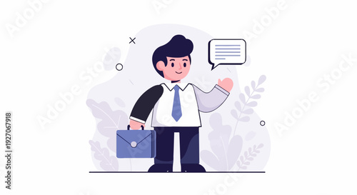 Cheerful businessman with briefcase, offering communication, against abstract foliage
