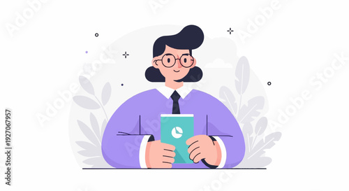 A stylized person in a purple jacket holds a turquoise tablet with a circular graphic