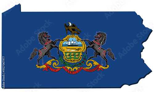 Detailed silhouette map of Pennsylvania featuring the official state flag and coat of arms, symbolizing American history, regional governance, and mid-Atlantic tradition (cut out)