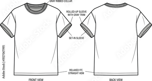 T‑shirt technical fashion illustration, front and back garment design with ribbed collar, rolled sleeves, relaxed fit, apparel motifs