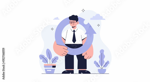 Stylized illustration of a man in business attire surrounded by a circular arrow, plants, and clouds