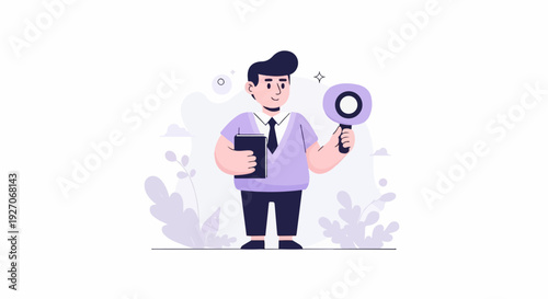 A man in a suit holding a book and a magnifying glass, standing near plants