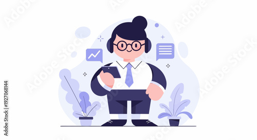 Stylized character with headphones and phone, surrounded by abstract shapes and plants