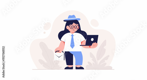 Animated person in hat, glasses, shirt, tie, carrying briefcase and laptop