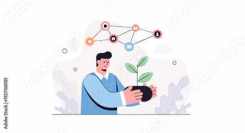 Person holding a plant with a connected network of icons above