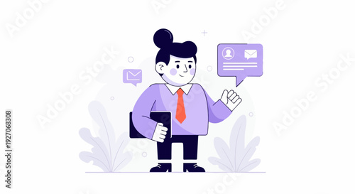 A stylized person in a suit and tie holds a tablet, with communication icons floating around