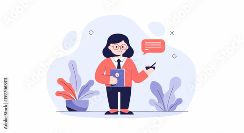 A cartoon illustration of a woman in business attire with a tablet, in a minimalist setting with plants