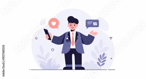 Enthusiastic man with phone in suit, sharing positive feedback and business growth