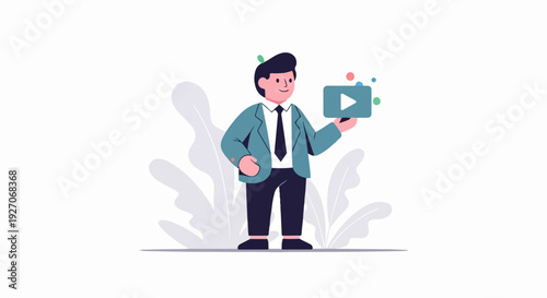 A person in a suit holds a play button symbol with colorful dots floating