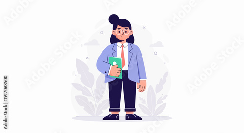 Professional woman in a blue suit and orange tie holding a green notebook, standing amidst stylized leaves