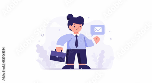 A stylized cartoon person in business attire holds a briefcase and receives a digital message