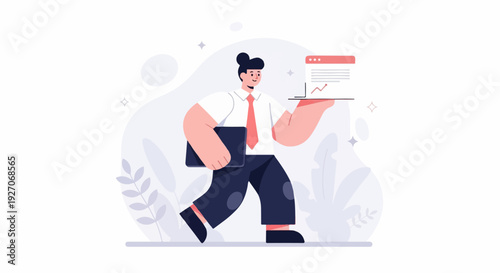 Animated person in formal attire carries a tablet with a graph, laptop, and leafy plants