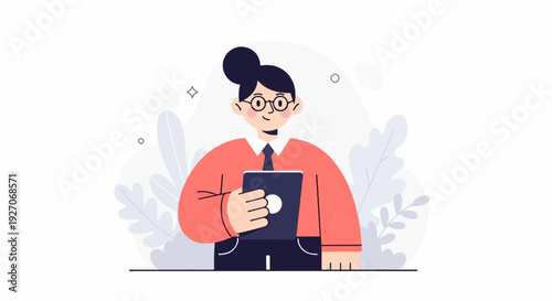 Cheerful person with glasses and hair bun holding a tablet, depicted in a flat, modern illustration style