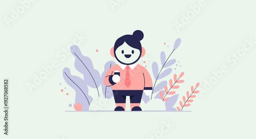 Cartoon figure in formal attire holding a cup amidst abstract flora