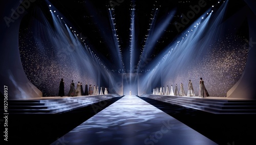 Fashion Show Runway with Dramatic Lighting and Models.