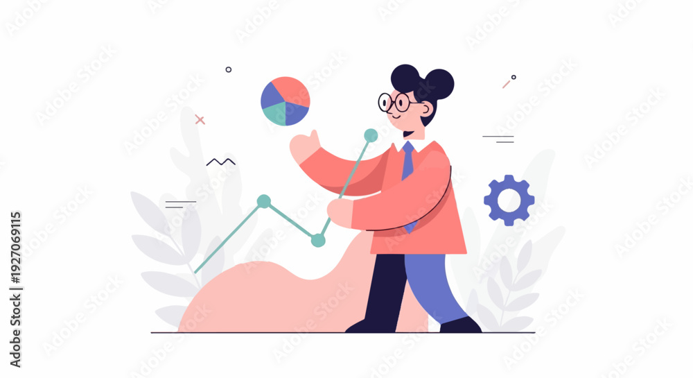 Obraz premium A person in a suit and glasses interacts with a line graph, pie chart, and gear symbol