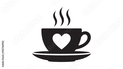 Minimalist Black Vector Silhouette of a Steaming Coffee Cup with Heart Icon Isolated on White Background
