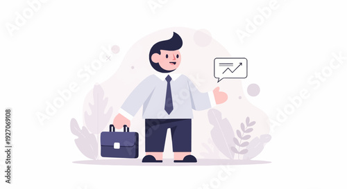 Cheerful businessman with briefcase and growth chart speech bubble