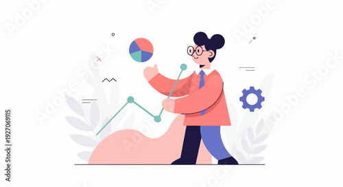 A person in a suit and glasses interacts with a line graph, pie chart, and gear symbol