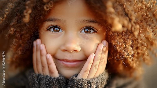 Close-up of a young child with curly brown hair looking at the camera, hands cupping face and smiling in a warm sweater outdoors.