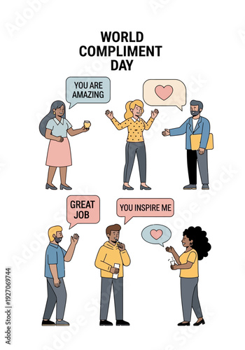 Illustrative scene of diverse individuals engaging in heartwarming positive communication, exchanging genuine compliments and affirmations, fostering mutual appreciation and kindness