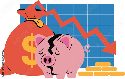 Sad broken piggy bank and red money bag with downward arrow on blue grid background representing financial crisis economic loss and recession.