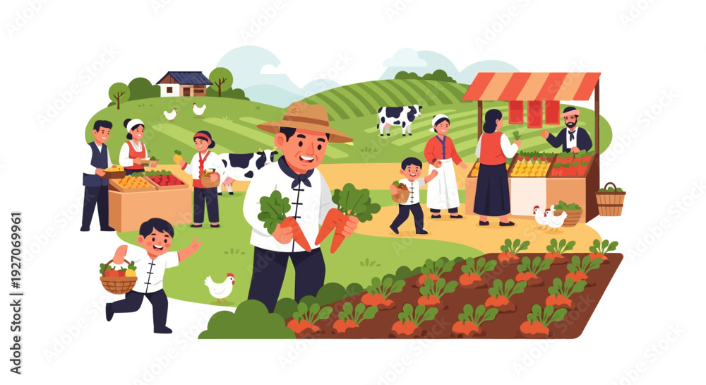 Fototapeta premium Happy Farmers Market Illustration: Family Selling Fresh Organic Produce, Vegetables, and Fruits at a Farm Stand with Rural Landscape Background