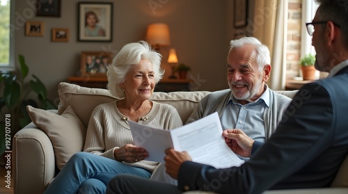 Wallpaper Mural An older Caucasian couple smiles while discussing documents with a professional man in a modern living room. Torontodigital.ca
