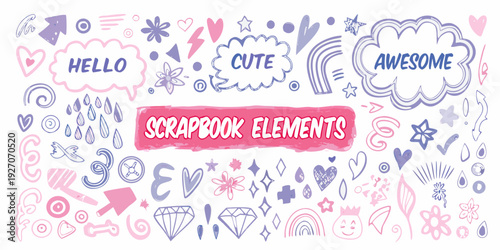 Colorful doodle illustration of scrapbook elements and positive words