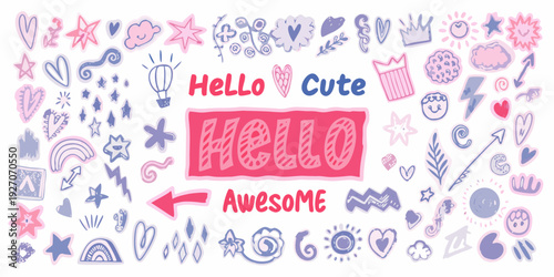 Colorful doodle collection featuring hearts stars and handwritten greetings