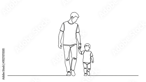 Black Continuous Line Art Father Walking with Son | One Line Parenting Illustration
