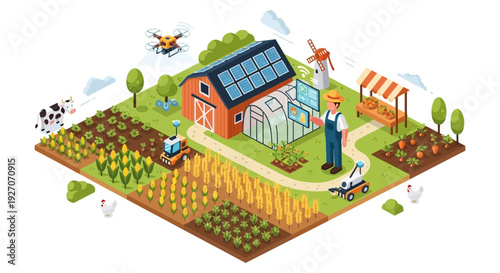 Smart Farming Isometric Concept: Precision Agriculture Technology, Farmer Using Drone and Robotics for Sustainable Food Production and Renewable Energy.
