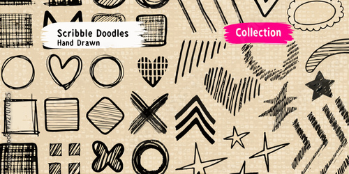 Hand drawn doodles and sketches arranged on a textured beige background