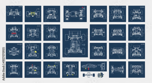 Detailed blueprint schematic of complex mechanical engineering design, technical illustration.
