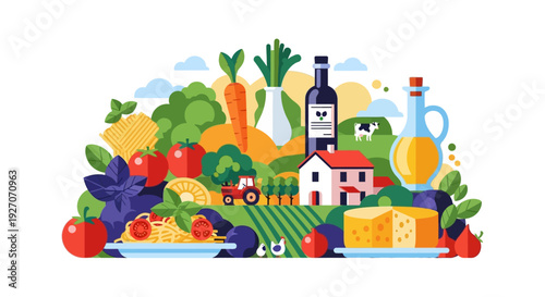 Italian Food and Farm-to-Table Vector Illustration. Mediterranean Diet Ingredients: Pasta, Tomato, Cheese, Wine, Olive Oil, and Rural Landscape.