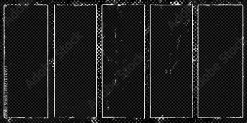 Five rectangular frames with dark textured backgrounds and white borders
