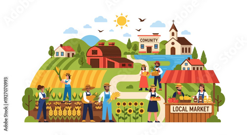 Farming Community and Local Market Ecosystem. Vector illustration of diverse farmers harvesting crops, selling fresh organic produce at a rural stand, emphasizing sustainability.