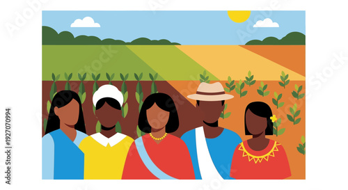 Diverse Group of Farmers in Field. Global Agriculture Community. Flat Design Vector Illustration.